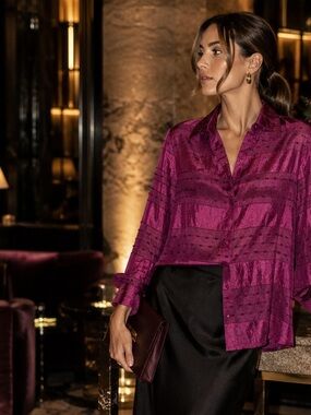 Alfred Dunner Fuchsia Metallic Embroidered Button Front Blouse Size 10 Y2K Luxe